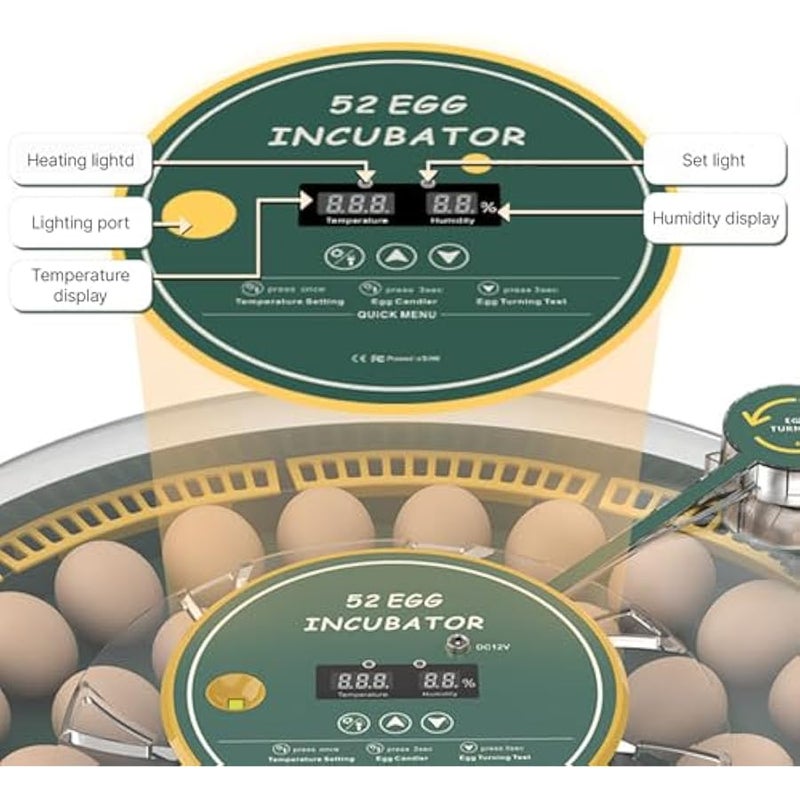 حاضنة بيض اوتوماتيكية تتسع لـ 52 بيضة مع ملعقة تقليب بيض ومصباح شمعدان - فقاسة دواجن للدجاج والبط والطيور، زجاجة مياه خارجية، الة تفقيس منزلية 60 واط (19.68 × 3.54 انش) - Image 4
